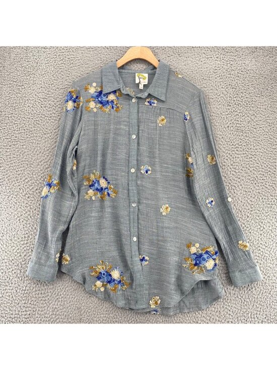 figueroa & flower Tops - Figueroa & Flower Shirt Womens Small Gray Floral Embroidered Tunic Long Sleeve